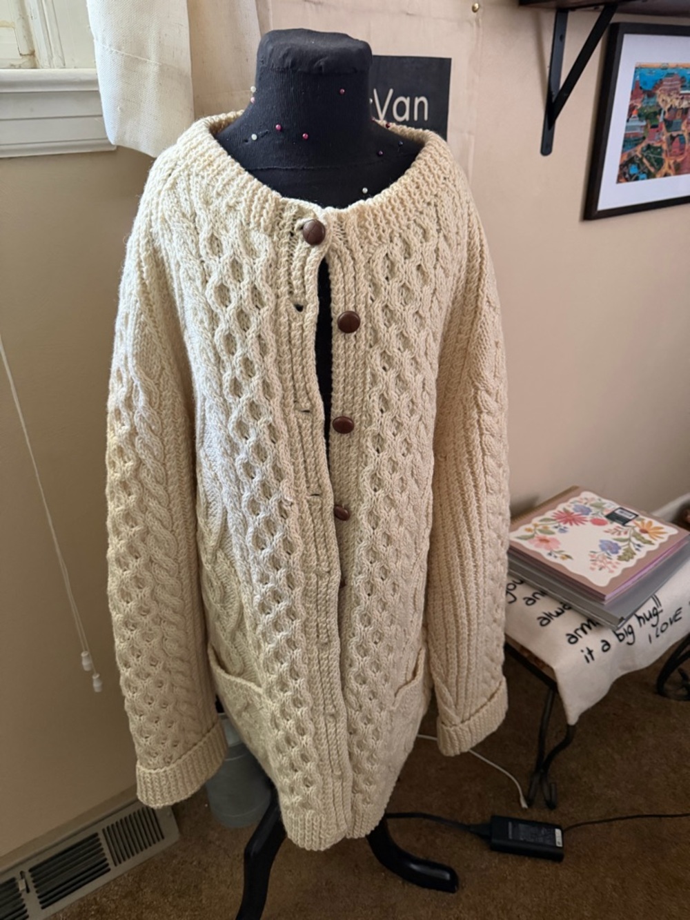Pure wool, Cream Cable Knit Button-Front Cardigan Sweater made in Scotland